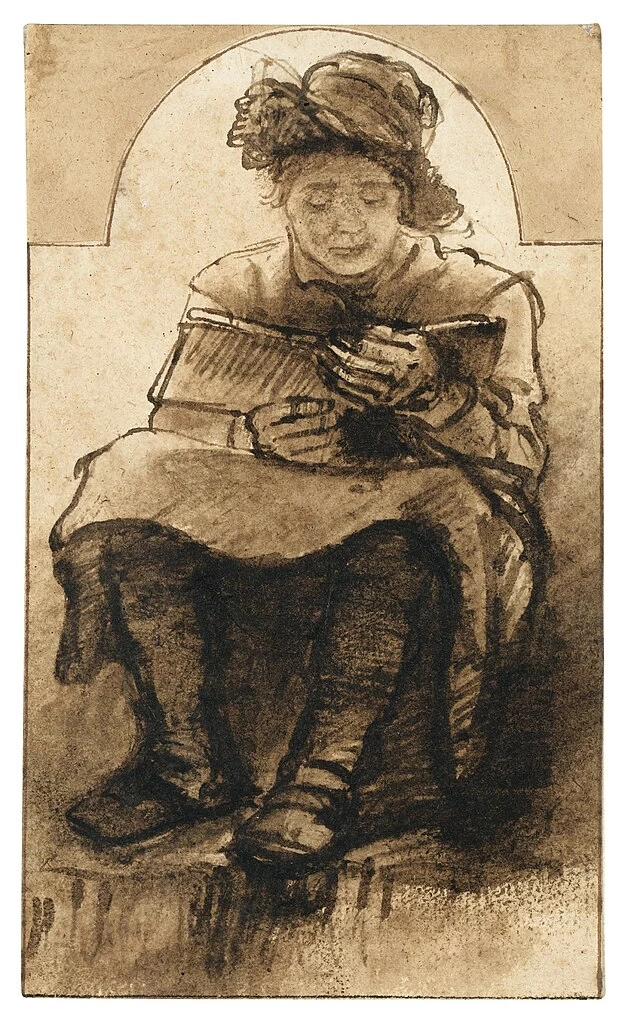 Giovane ragazzo che indossa un cappello, seduto a leggere - attribuito